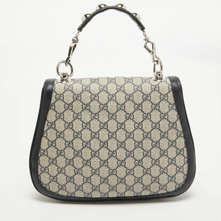 Pre Owned Gucci Navy Blue/Beige GG Supreme Canvas and Leather Blondie Top Handle Bag