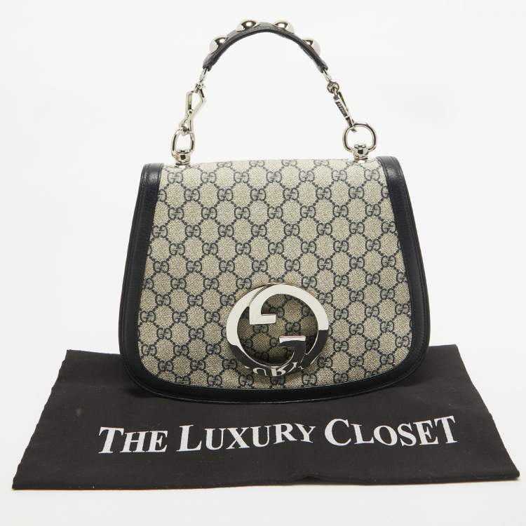 Pre Owned Gucci Navy Blue/Beige GG Supreme Canvas and Leather Blondie Top Handle Bag