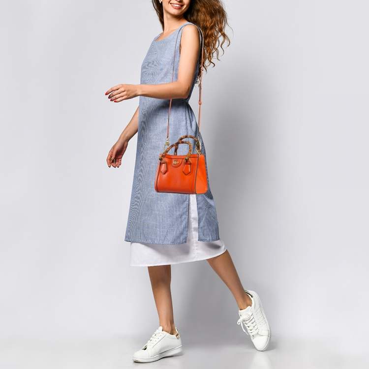 Pre Owned Gucci Orange Leather Mini Bamboo Diana Tote