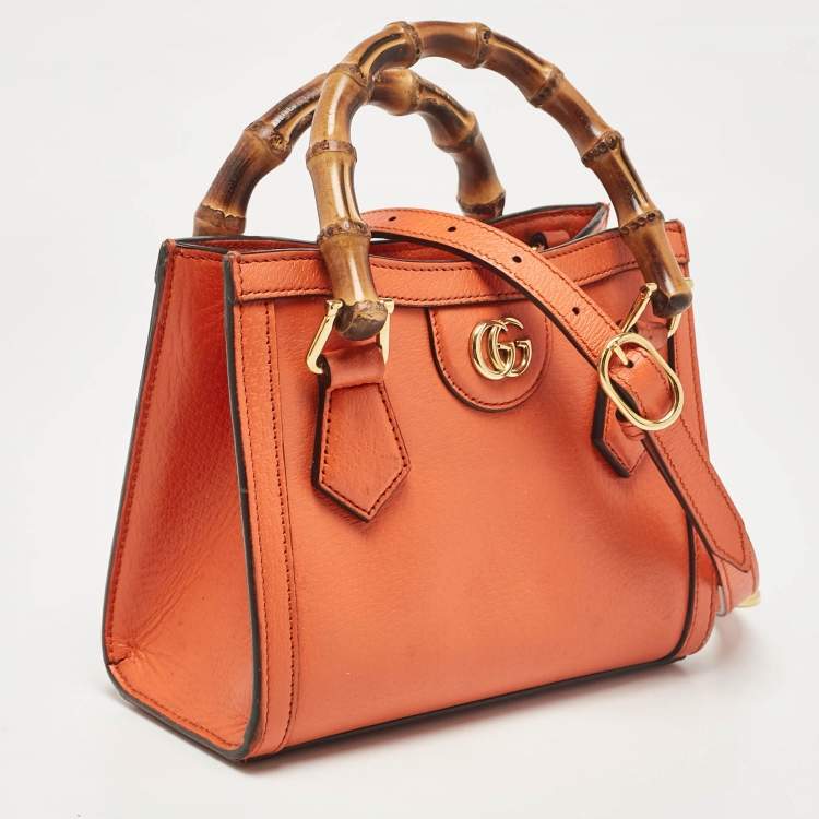 Pre Owned Gucci Orange Leather Mini Bamboo Diana Tote
