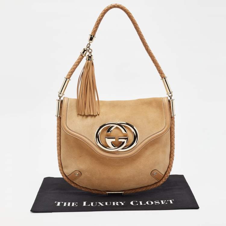 Pre Owned Gucci Tan Suede Medium Britt Tassel Hobo