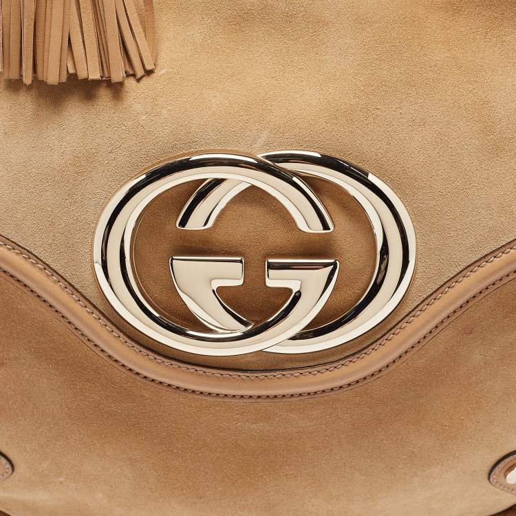 Pre Owned Gucci Tan Suede Medium Britt Tassel Hobo