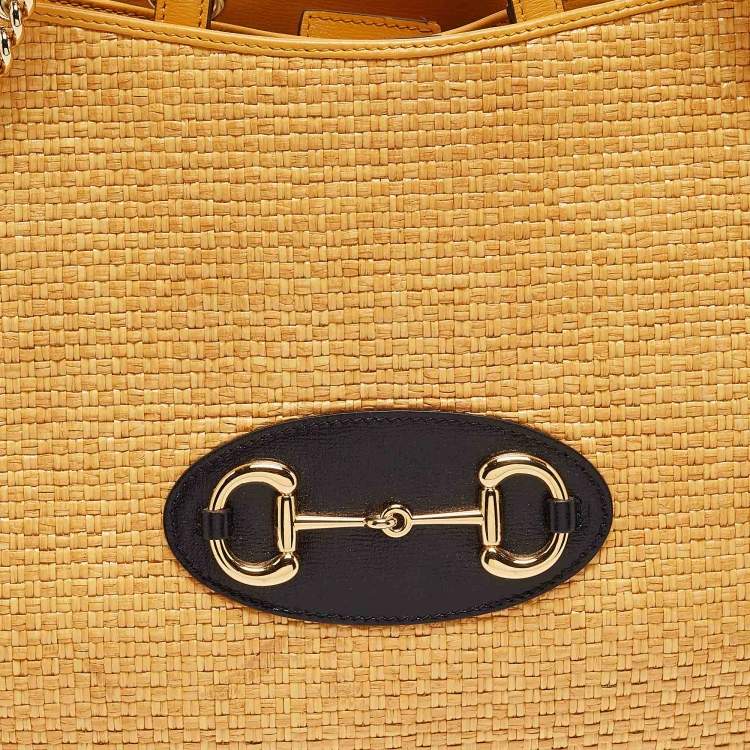 مملوكة مسبقًا Gucci Yellow Leather and Raffia Horsebit 1955 Chain Tote