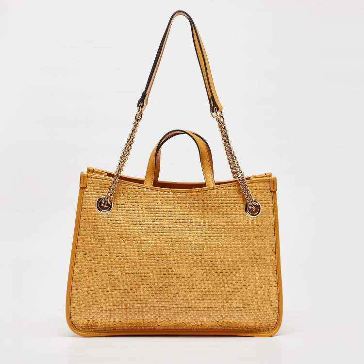 مملوكة مسبقًا Gucci Yellow Leather and Raffia Horsebit 1955 Chain Tote