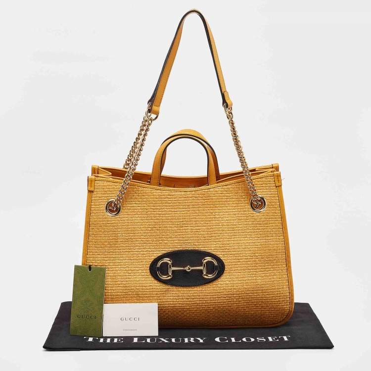 مملوكة مسبقًا Gucci Yellow Leather and Raffia Horsebit 1955 Chain Tote