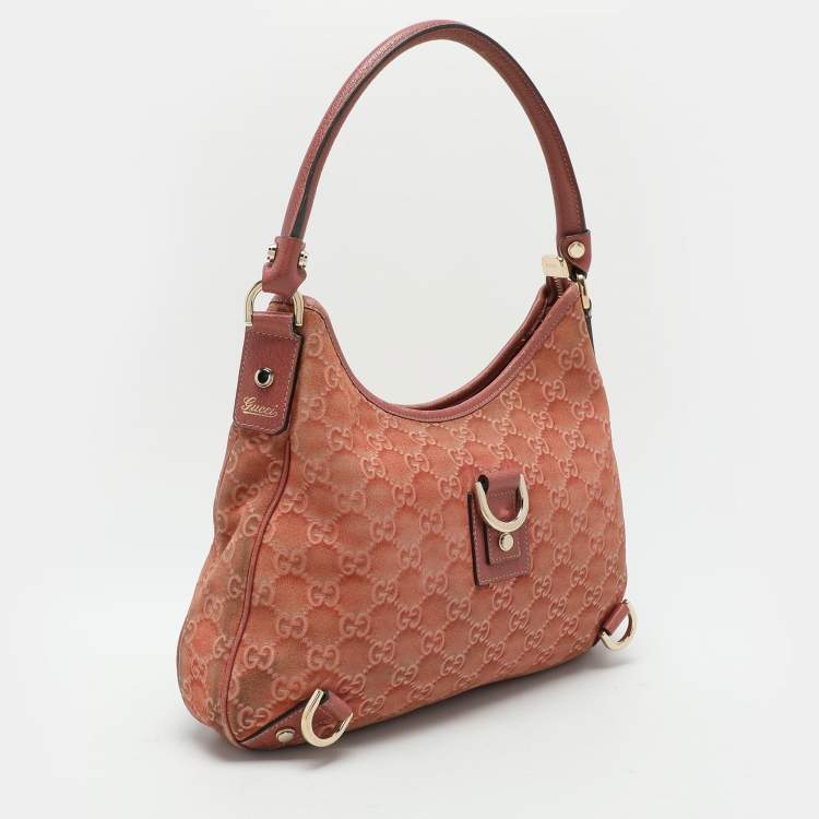 Pre Owned Gucci Pink Guccisssima Suede Abbey D-Ring Hobo