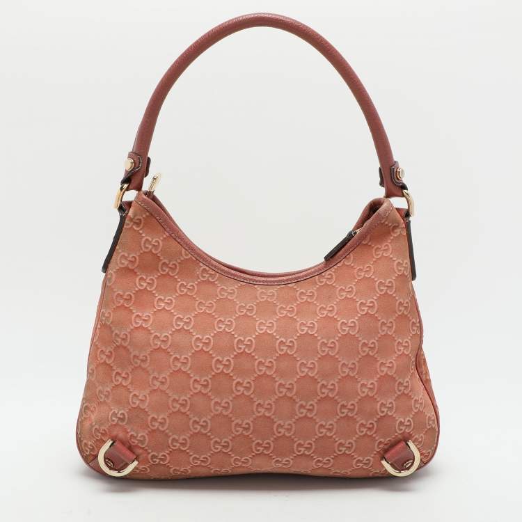 Pre Owned Gucci Pink Guccisssima Suede Abbey D-Ring Hobo