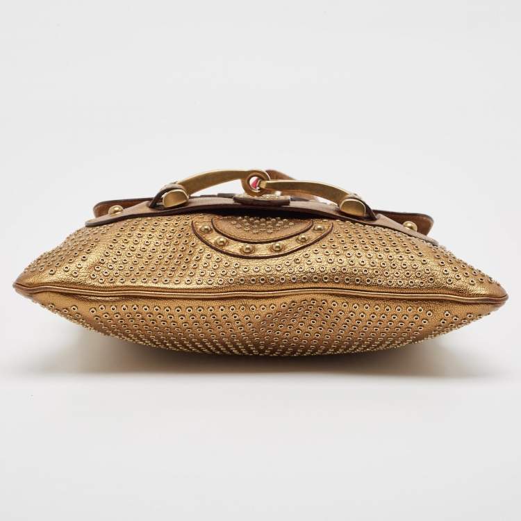 Pre Owned Gucci Gold Leather Studded Pelham Runaway Flap Shoulder Bag