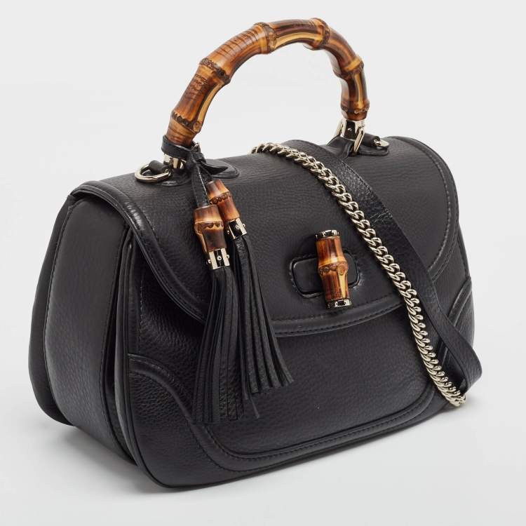 Pre Owned Gucci Black Leather Large New Bamboo Tassel Top Handle Bag