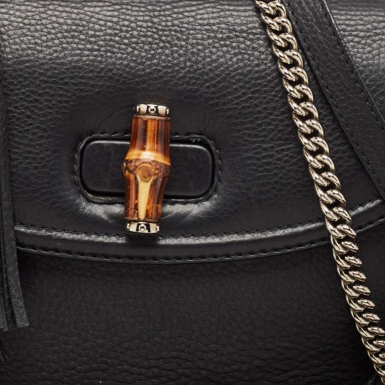 Pre Owned Gucci Black Leather Large New Bamboo Tassel Top Handle Bag