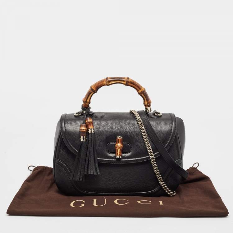 Pre Owned Gucci Black Leather Large New Bamboo Tassel Top Handle Bag