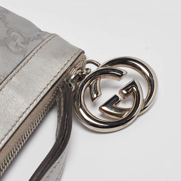 Pre Owned Gucci Silver Guccissima Leather Interlocking G Wristlet Pouch
