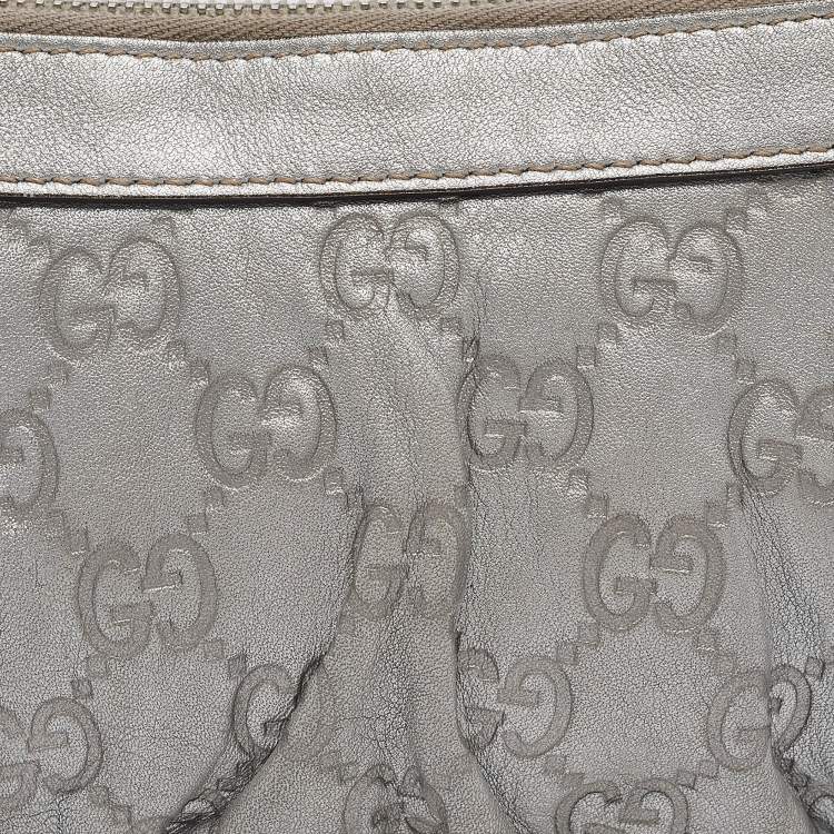 Pre Owned Gucci Silver Guccissima Leather Interlocking G Wristlet Pouch