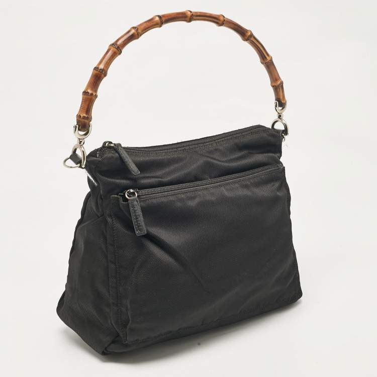مملوكة مسبقًا Gucci Black Nylon and Patent Leather Bamboo Hobo