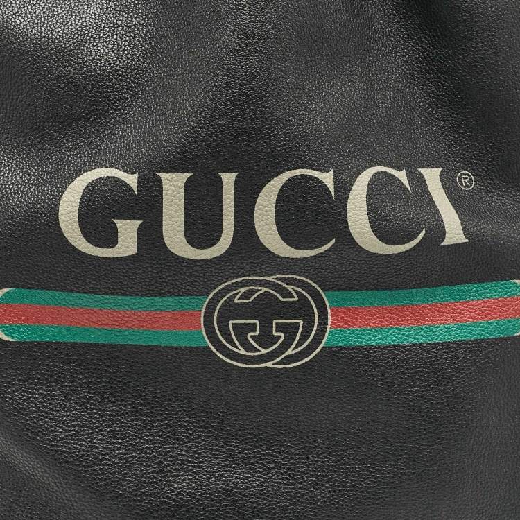Pre Owned Gucci Black Leather Logo Drawstring Backpack