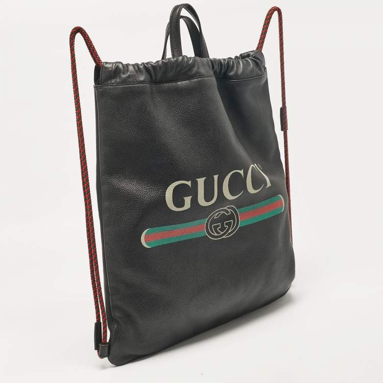 Pre Owned Gucci Black Leather Logo Drawstring Backpack