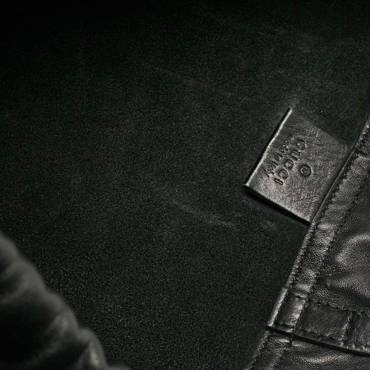 Pre Owned Gucci Black Leather Logo Drawstring Backpack