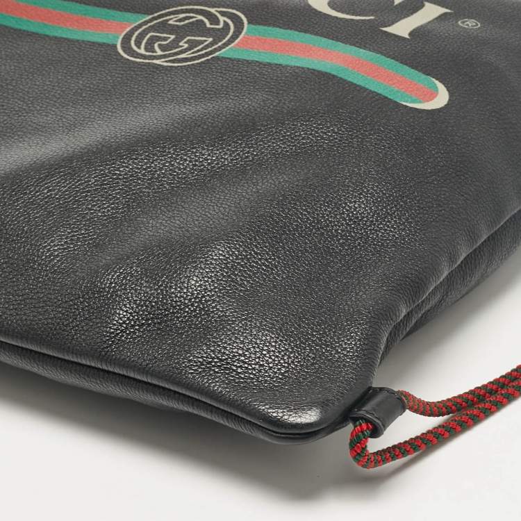 Pre Owned Gucci Black Leather Logo Drawstring Backpack