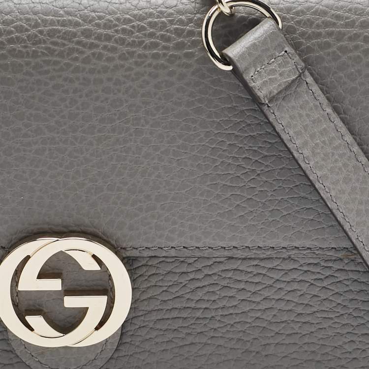 Pre Owned Gucci Grey Leather Leather Interlocking G Wallet On Chain