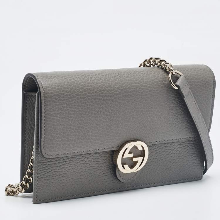Pre Owned Gucci Grey Leather Leather Interlocking G Wallet On Chain