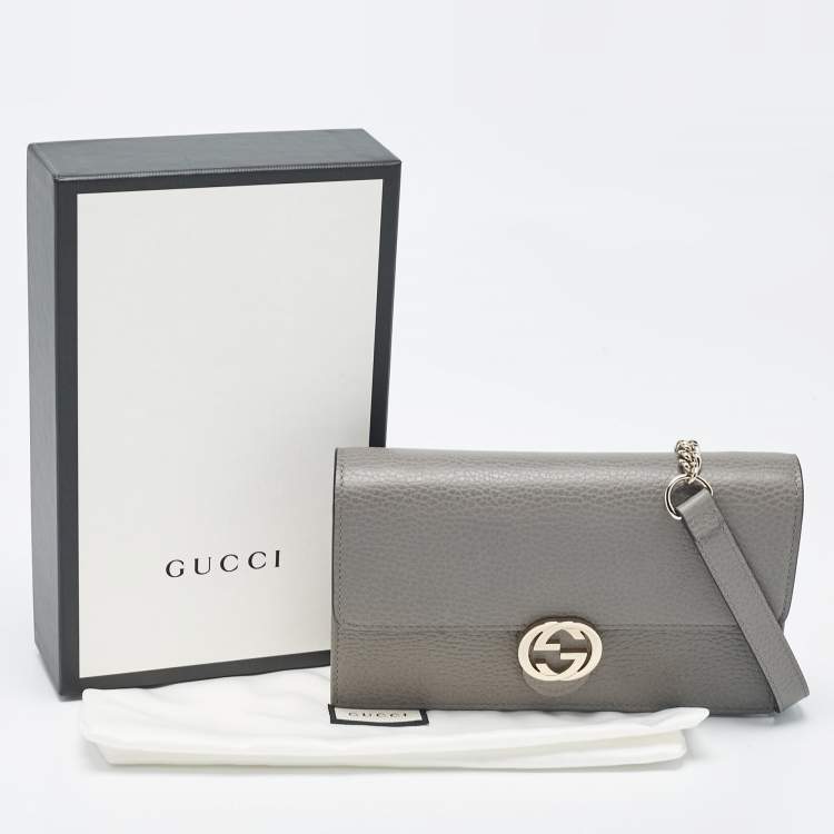 Pre Owned Gucci Grey Leather Leather Interlocking G Wallet On Chain