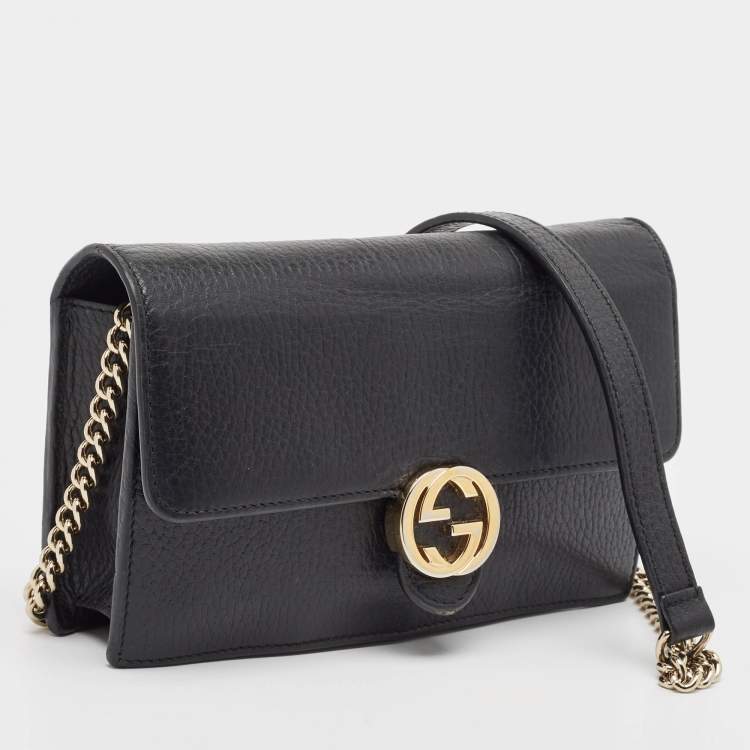 Pre Owned Gucci Black Leather Interlocking G Wallet On Chain