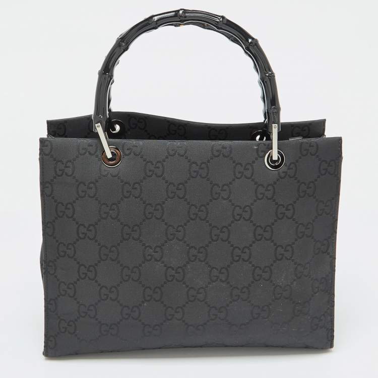 Pre Owned Gucci Black GG Nylon Bamboo Tote