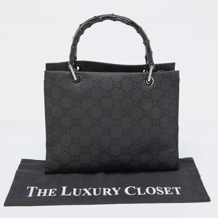 Pre Owned Gucci Black GG Nylon Bamboo Tote