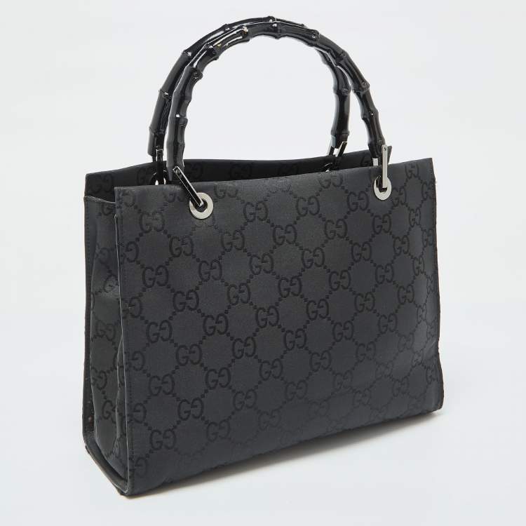 Pre Owned Gucci Black GG Nylon Bamboo Tote