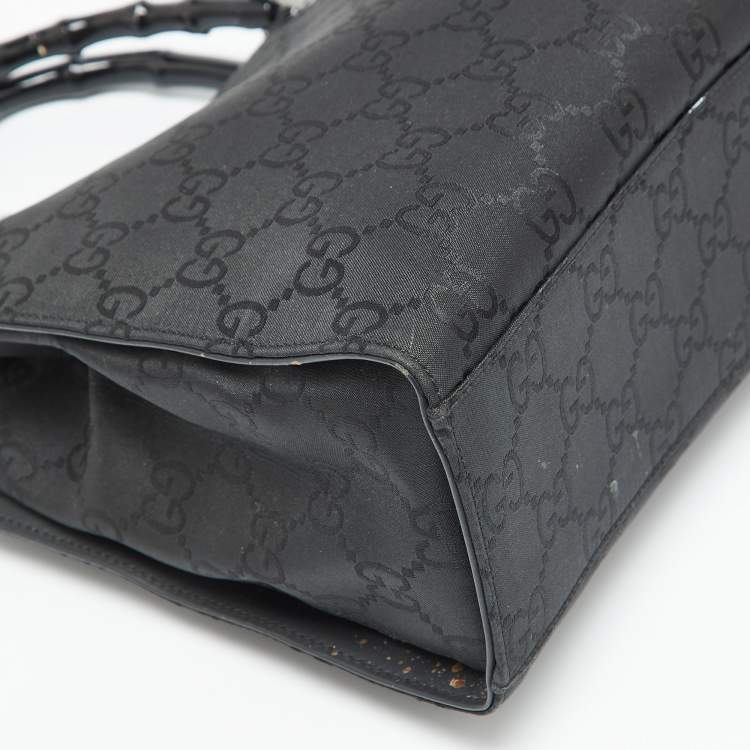 Pre Owned Gucci Black GG Nylon Bamboo Tote