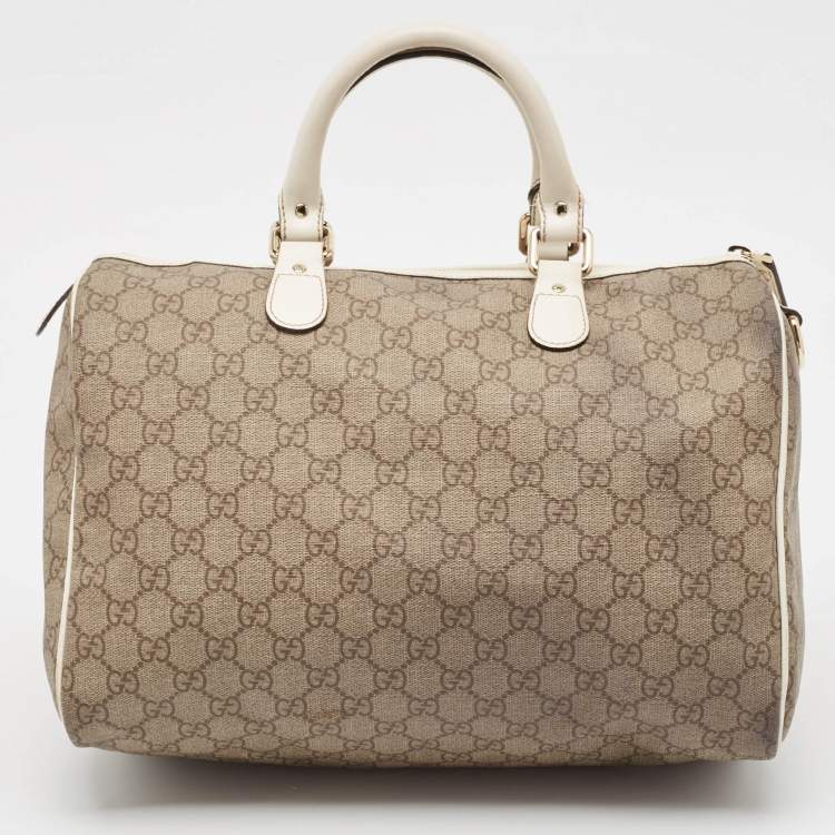 Pre Owned Gucci White/Beige GG Supreme Canvas Medium Italian GG Flap Boston Bag 