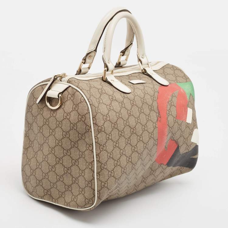 Pre Owned Gucci White/Beige GG Supreme Canvas Medium Italian GG Flap Boston Bag 
