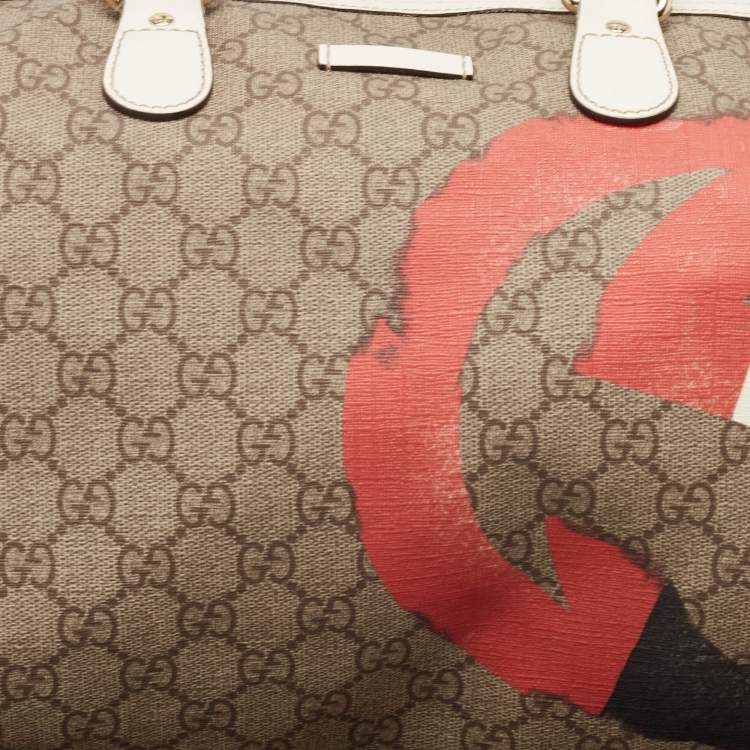 Pre Owned Gucci White/Beige GG Supreme Canvas Medium Italian GG Flap Boston Bag 