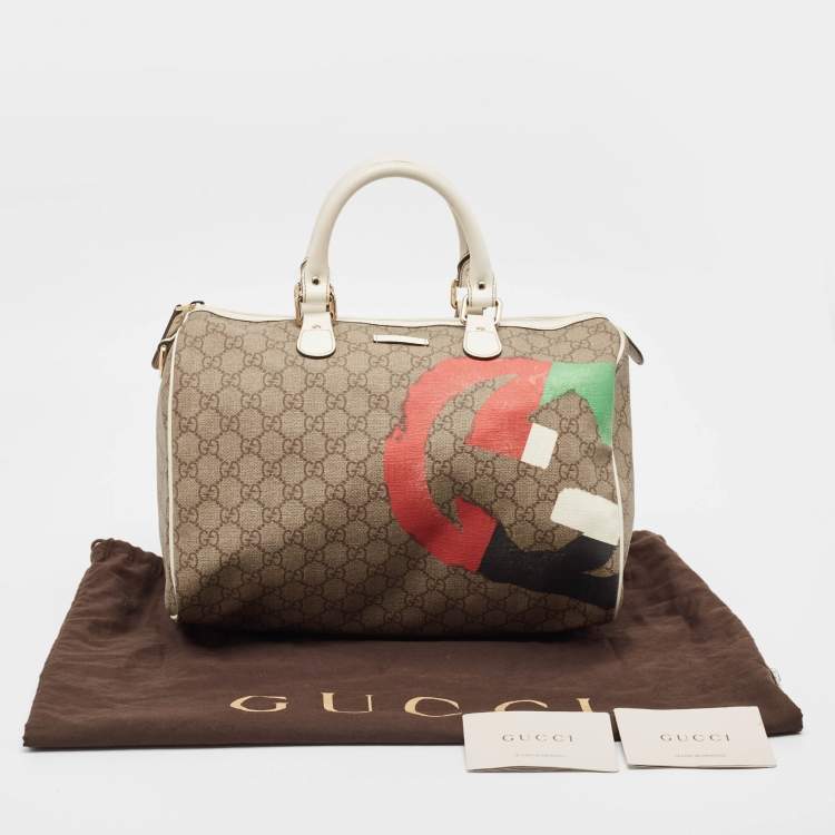 Pre Owned Gucci White/Beige GG Supreme Canvas Medium Italian GG Flap Boston Bag 