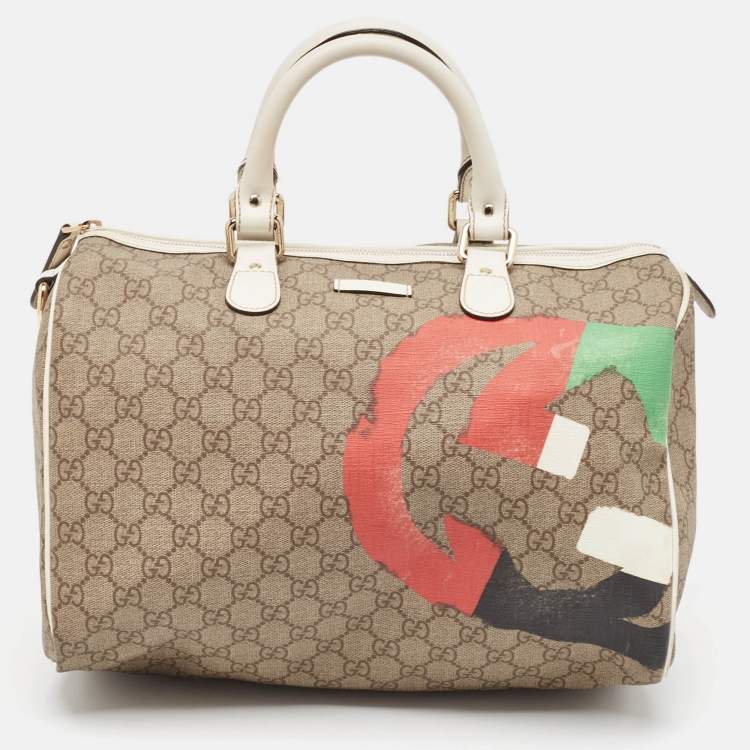 Pre Owned Gucci White/Beige GG Supreme Canvas Medium Italian GG Flap Boston Bag 