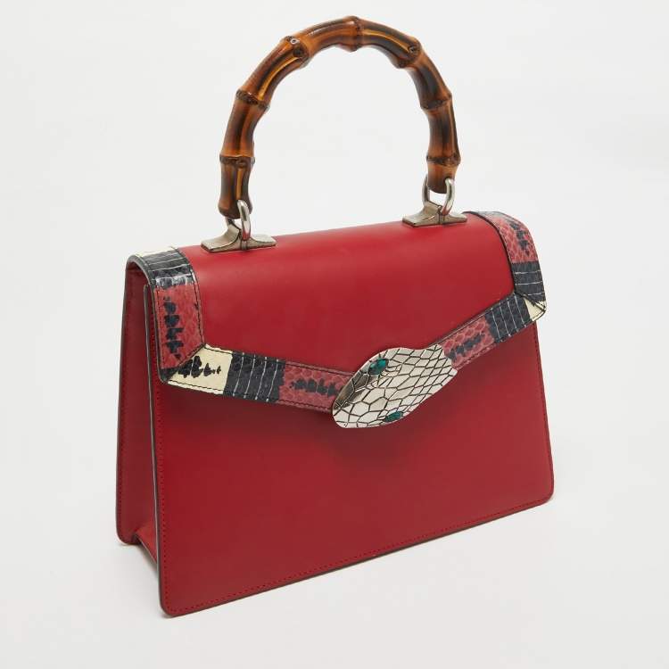 Pre Owned Gucci Red Leather and Snakeskin Lilith Top Handle Bag