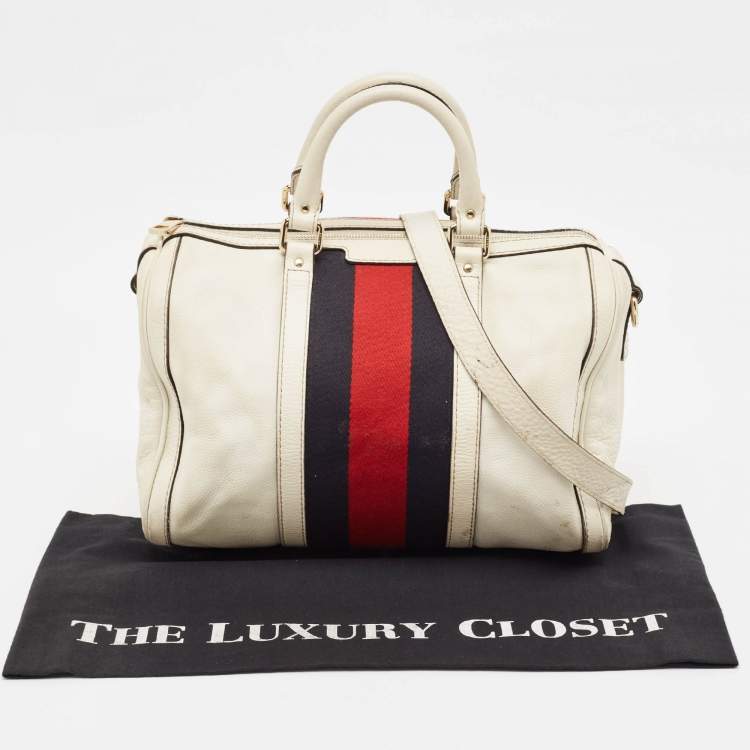 مملوكة مسبقًا Gucci Off White Canvas and Leather Medium Web Boston Bag
