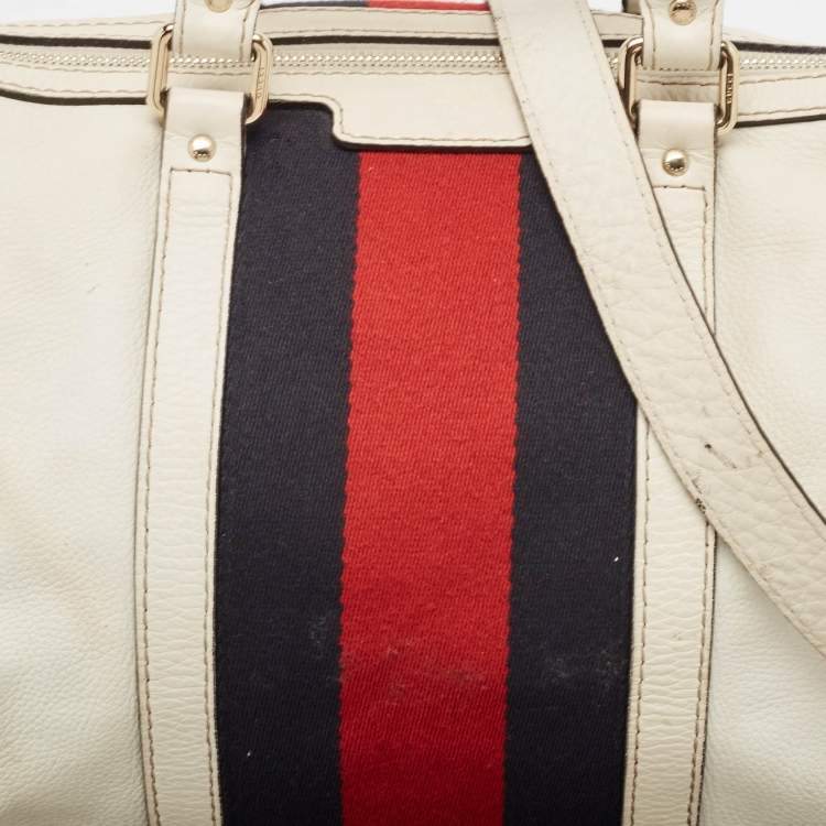 مملوكة مسبقًا Gucci Off White Canvas and Leather Medium Web Boston Bag
