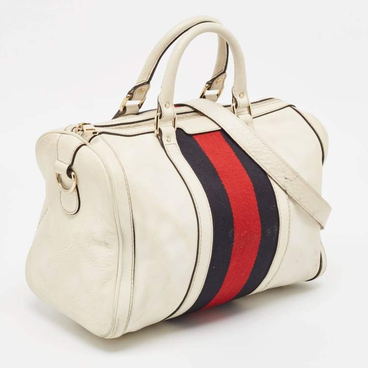 مملوكة مسبقًا Gucci Off White Canvas and Leather Medium Web Boston Bag