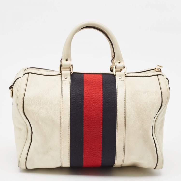 مملوكة مسبقًا Gucci Off White Canvas and Leather Medium Web Boston Bag