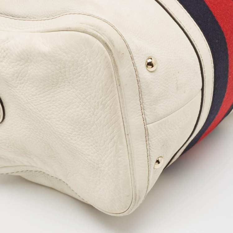 مملوكة مسبقًا Gucci Off White Canvas and Leather Medium Web Boston Bag