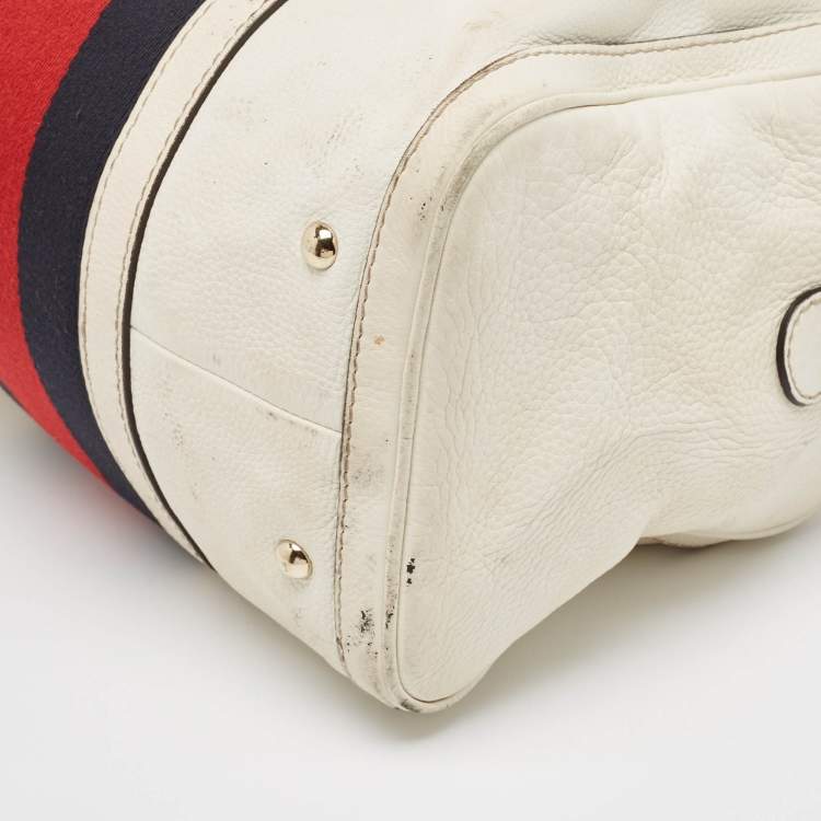 مملوكة مسبقًا Gucci Off White Canvas and Leather Medium Web Boston Bag