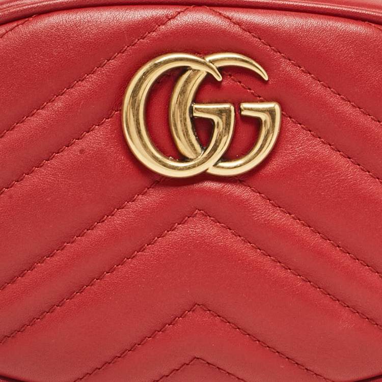 Pre Owned Gucci Red Matelassé Leather Mini GG Marmont Belt Bag