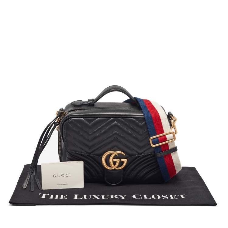 Pre Owned Gucci Black Matelassé Leather GG Marmont Top Handle Bag