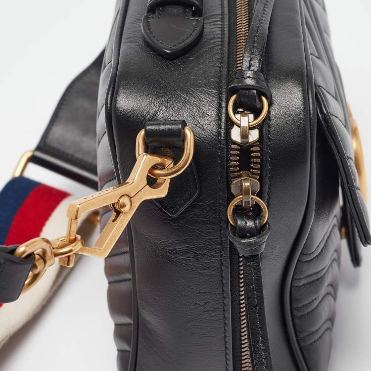 Pre Owned Gucci Black Matelassé Leather GG Marmont Top Handle Bag