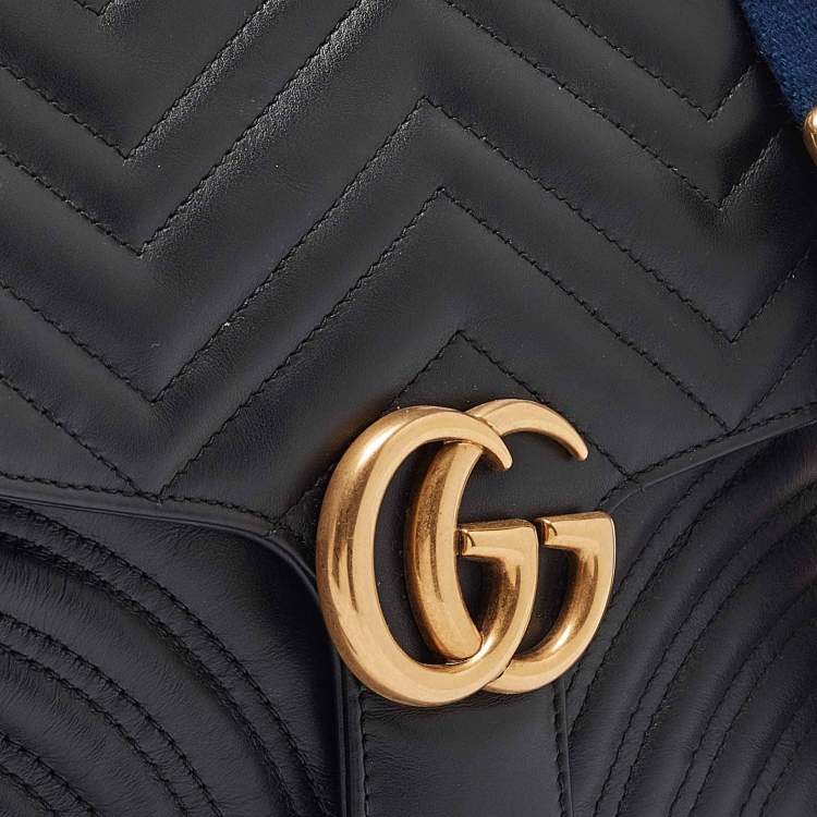Pre Owned Gucci Black Matelassé Leather GG Marmont Top Handle Bag