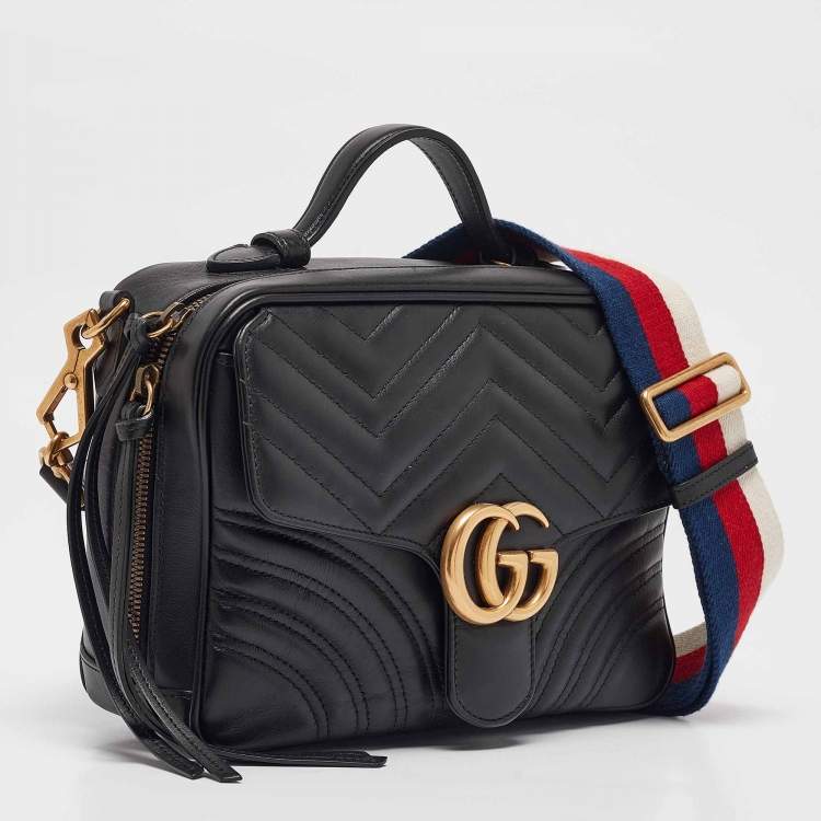 Pre Owned Gucci Black Matelassé Leather GG Marmont Top Handle Bag