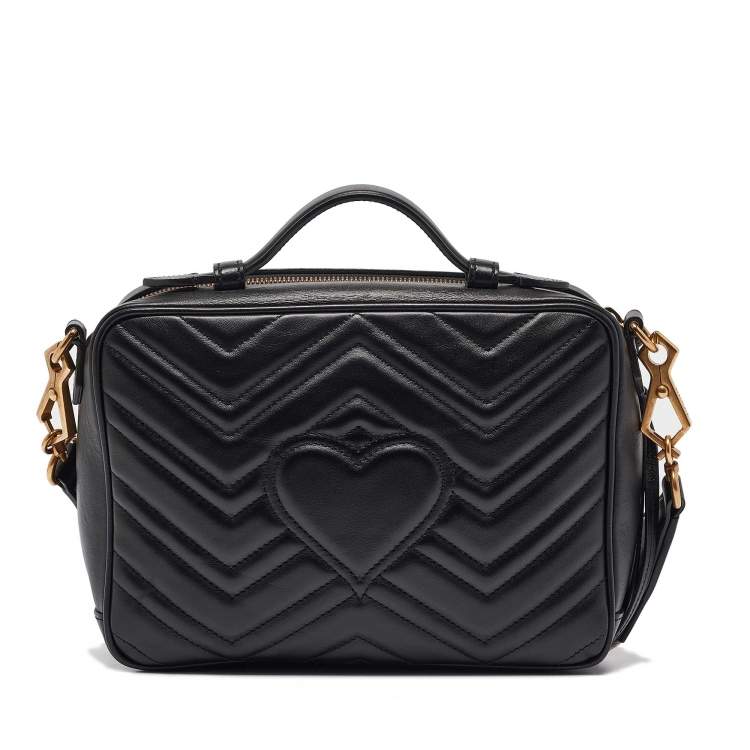 Pre Owned Gucci Black Matelassé Leather GG Marmont Top Handle Bag