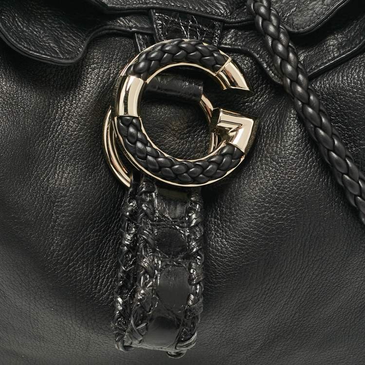 Pre Owned Gucci Black Leather and Crocodile Medium G Wave Hobo