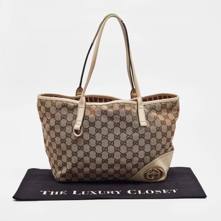 مملوكة مسبقًا Gucci Beige/Off White GG Canvas and Leather Britt Tote